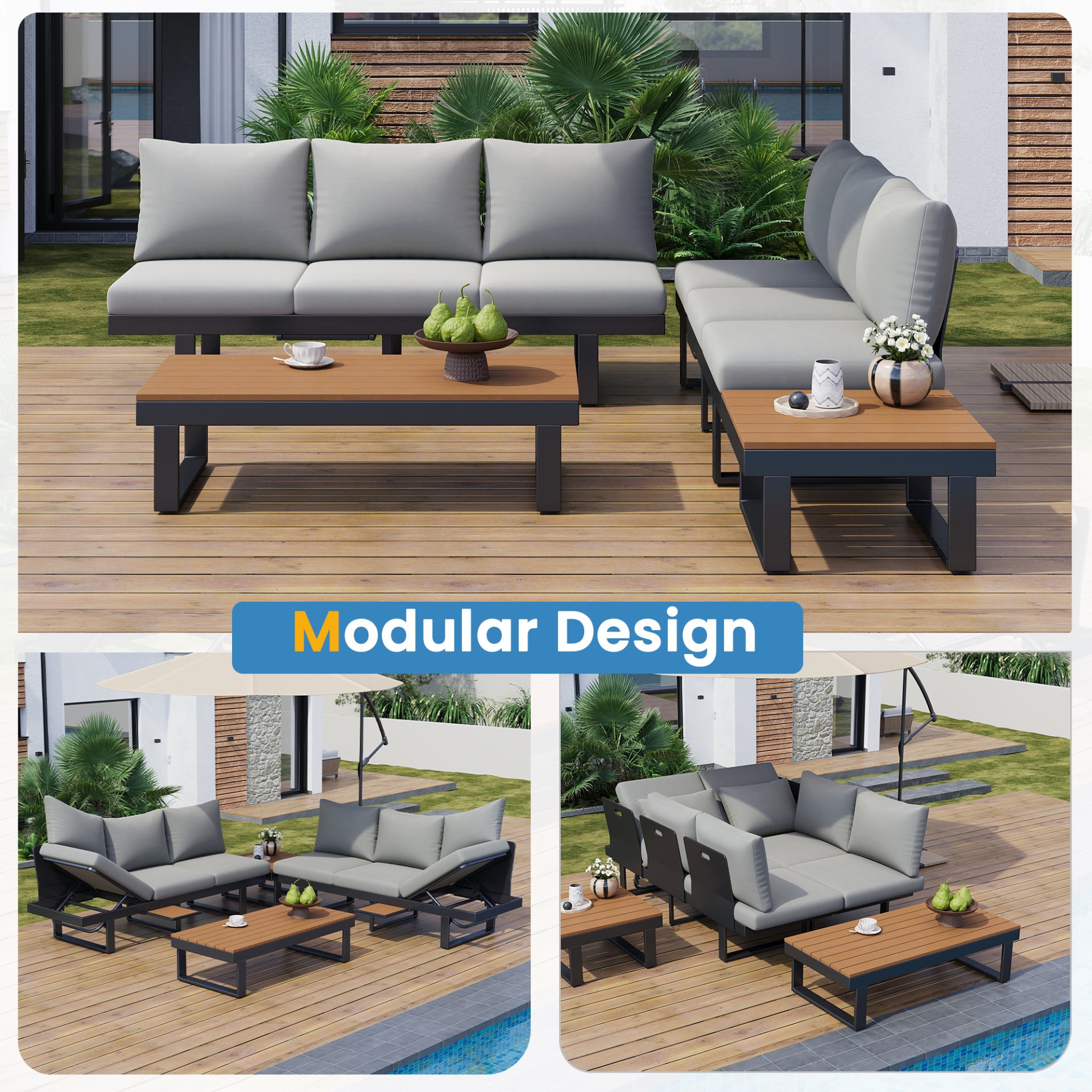 Outdoor Sectional Sofa Set With Adjustable Reclining Seats - Gray - Image 8