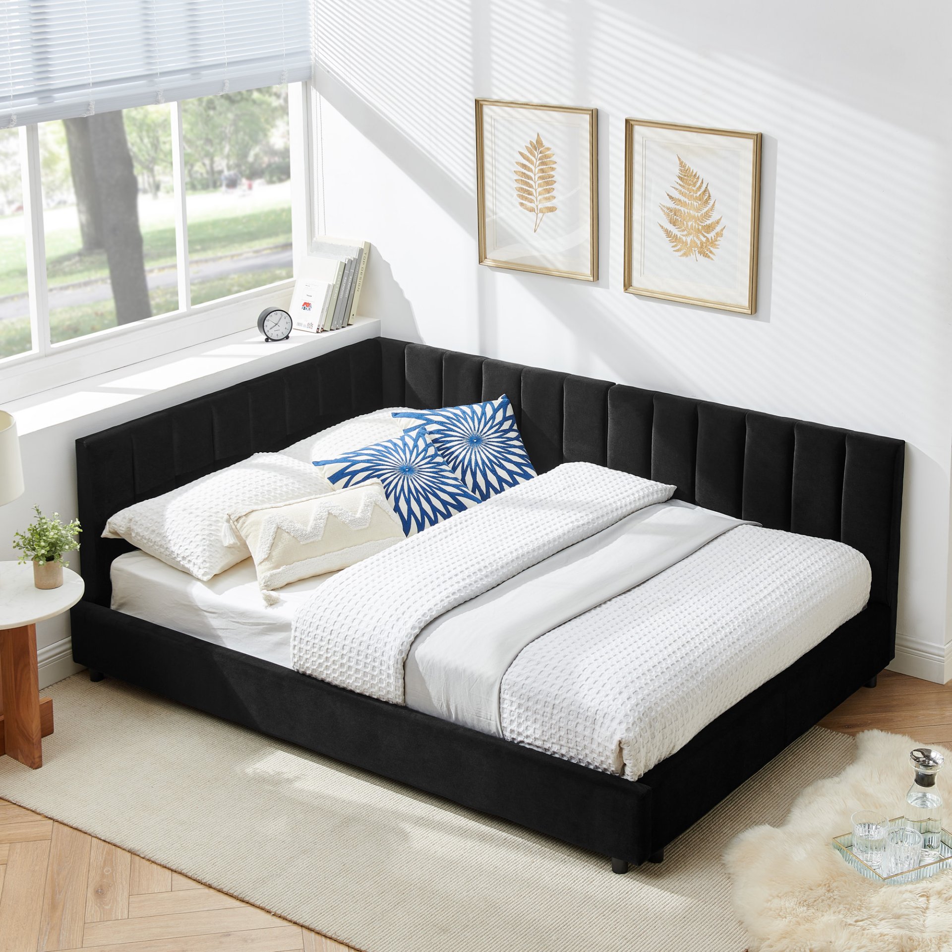 Mid Century Full Size Upholstered Tufted Bed Frame With Comfortable Backrest And Armrests Velvet - Black - Image 3