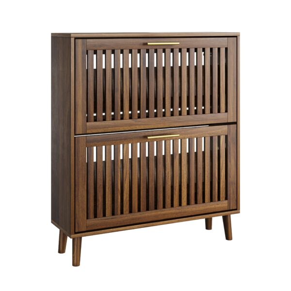 Medieval - Modern Shoe Storage Cabinet With 2 Flip Drawers And Fence Design - Walnut