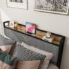 Full Size Bed Frame With Charging Station, American Design Upholstered Headboard, Metal Platform - Light Gray - Image 5