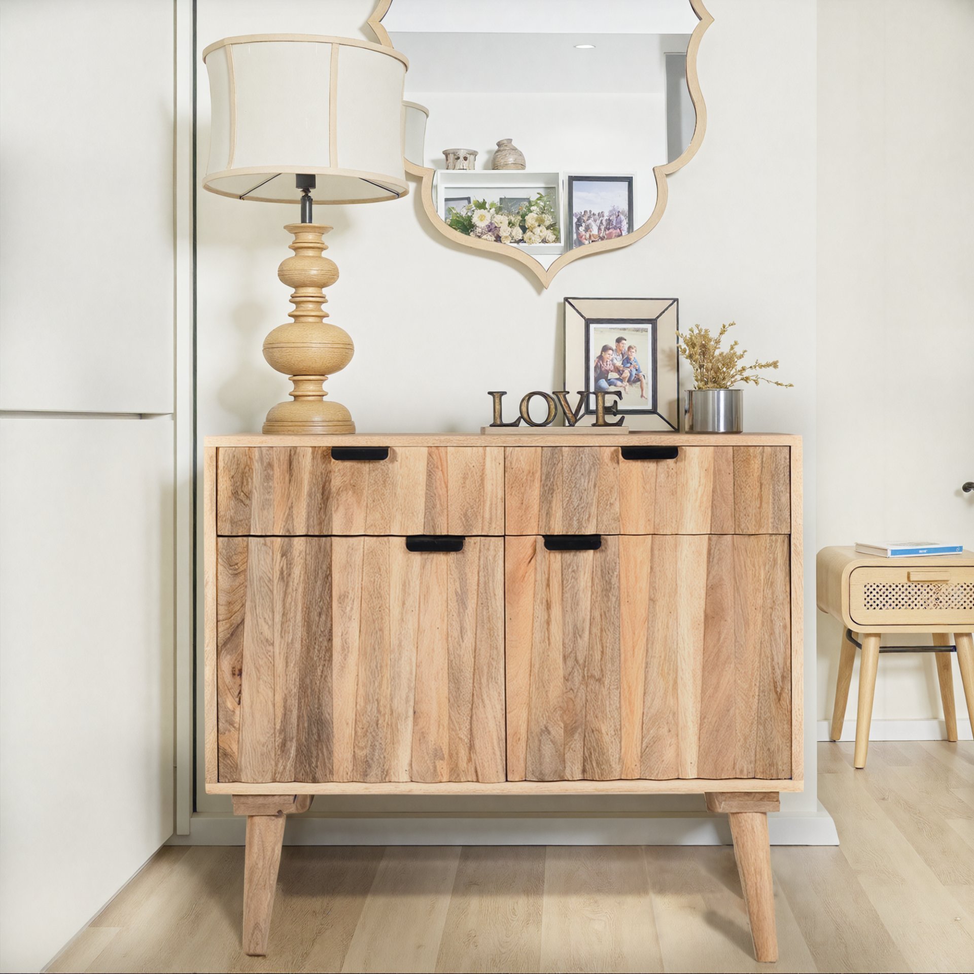 Stylish Style 2 Drawer 2 Door Cabinet, Mango Wood - Natural - Image 2