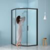 Diamond Shaped Corner Shower Door, Inward Sliding, Stainless Steel Frame - Matte Black - Image 5