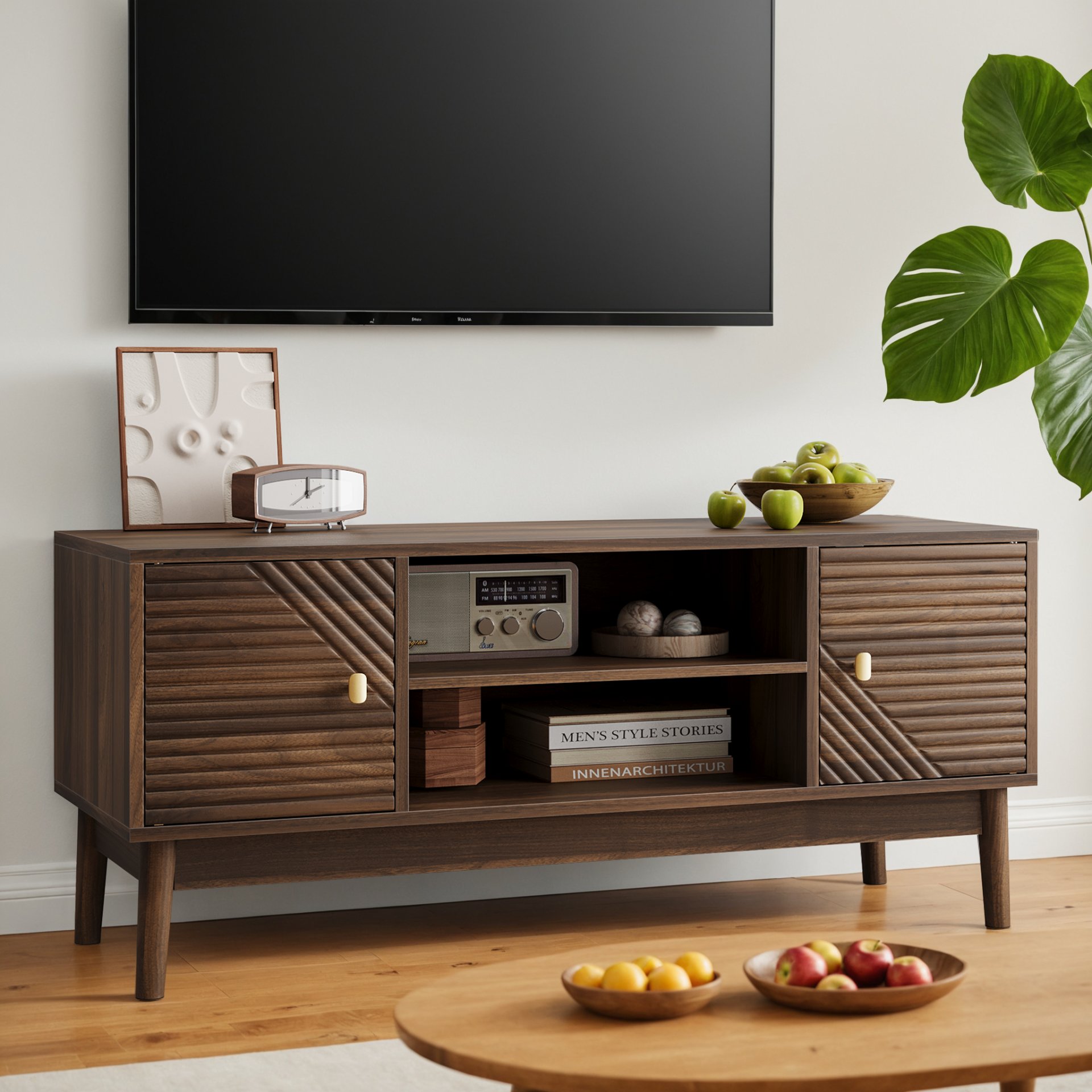 Mid Century Modern TV Stand Entertainment Center With Storage - Walnut - Image 4