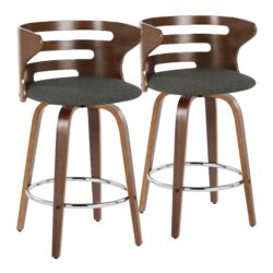 Cosini - Mid-Century Modern Fixed Height Barstool With Swivel With Round Footrest (Set of 2) - Walnut / Charcoal