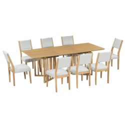 Topmax - 9 Piece Farmhouse Extendable Dining Table Set With 2 Removable Leaves And 8 Upholstered Dining Chairs - Natural