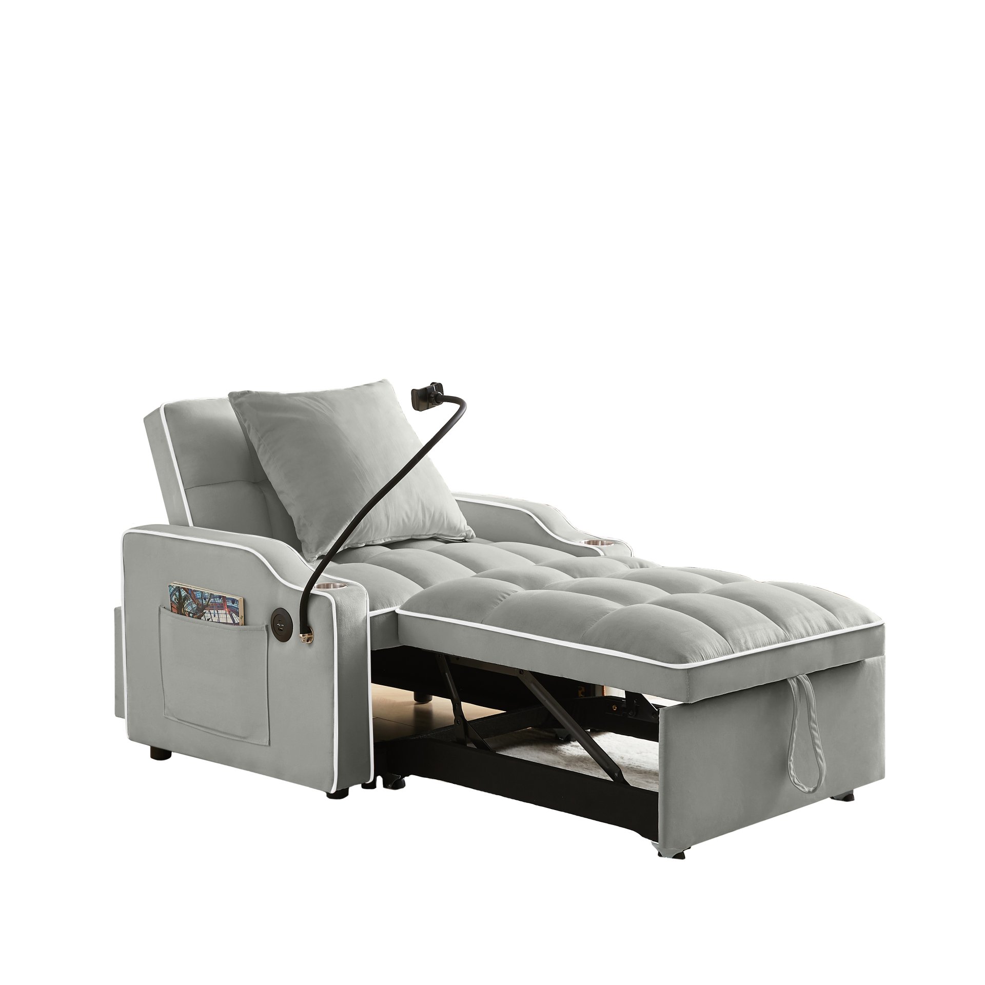 3 In 1 Convertible Sleeper Chair Sofa Bed, Adjustable Pull Out With Multi Pockets Velvet - Gray - Image 12