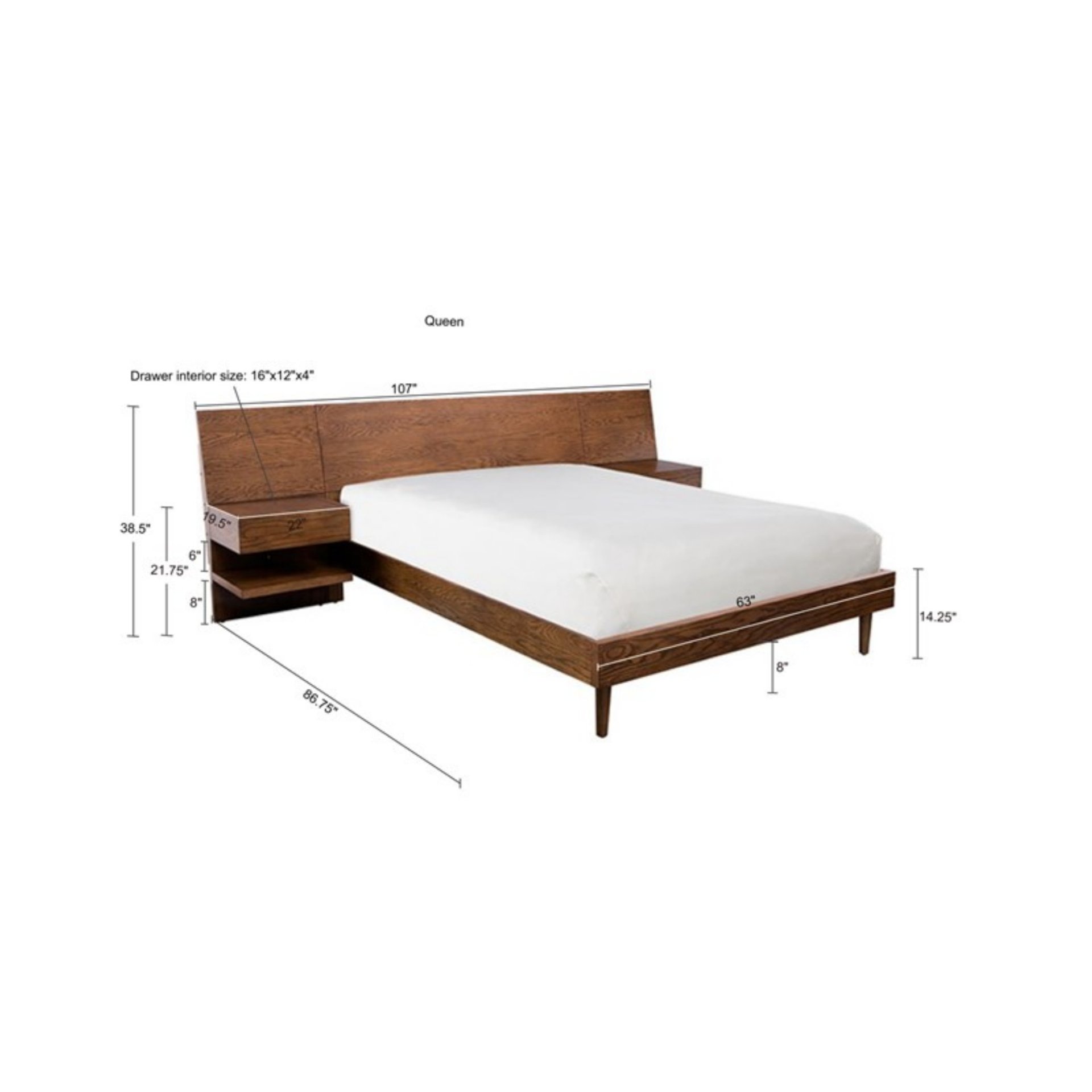 Queen Size Bed With Attached Nightstands And Hidden Storage - Pecan - Image 3
