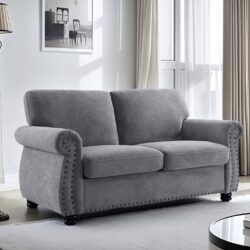 Soft Loveseat, Upholstered 2 Seater Couch, Loose Back Cushions And Turned Legs - Gray