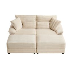 Double Chaise Lounge Set With Reversible Ottoman Soft Corduroy Fabric, Storage Ottomans, USB Port - Beige