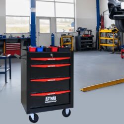 Rolling Metal Tool Chest With 4 Drawers, 20" Steel Storage Cabinet With Ball Bearing Slides - Black / Red