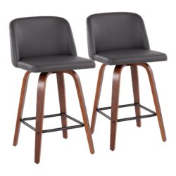 Toriano - Mid-Century Modern, Fixed Height Counter Stool With Square Footrest (Set of 2) - Walnut / Gray