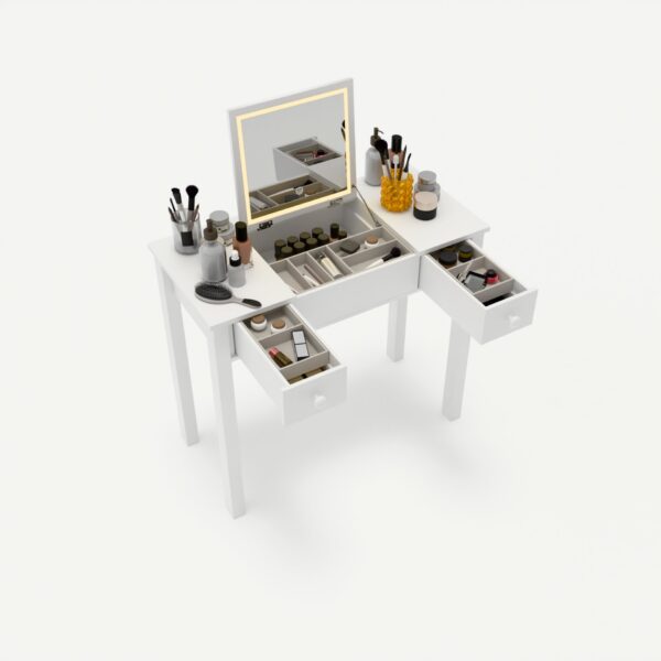 Vanity Table With LED Lights, Flip-Top Mirror And 2 Drawers, Jewelry Storage - Chic White