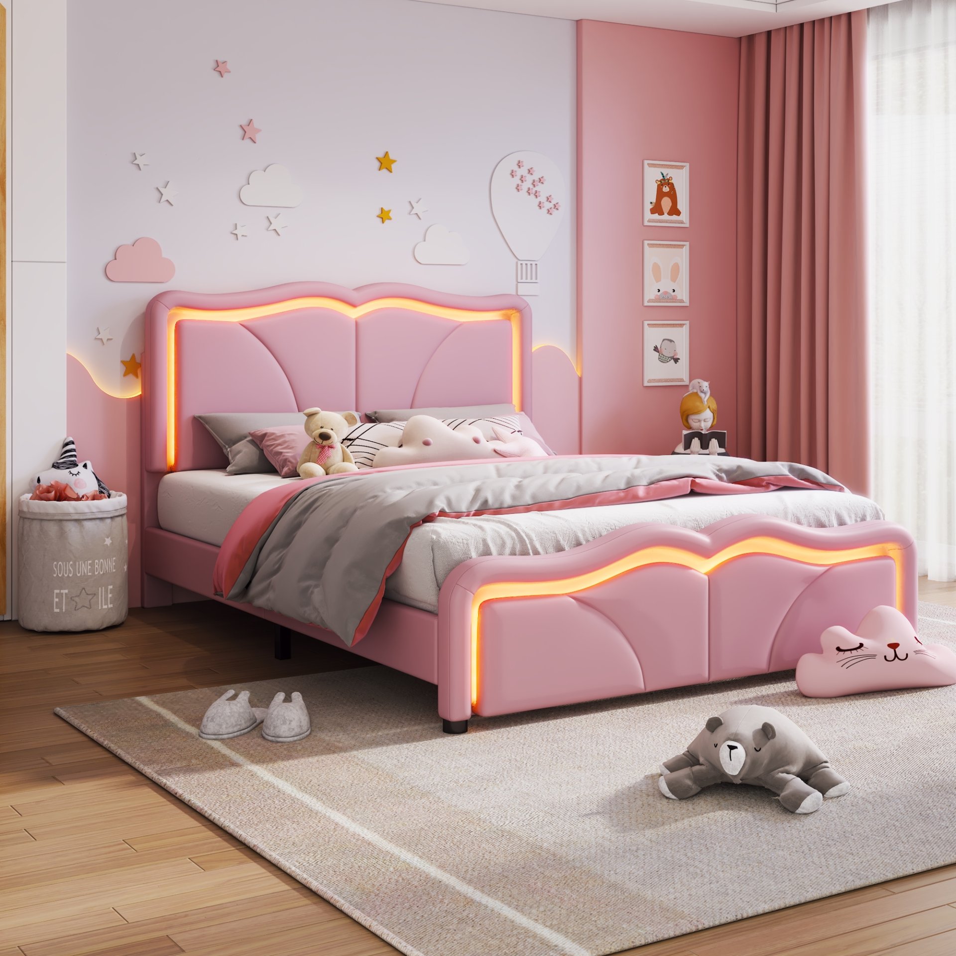 Full Size Upholstered Platform Bed With Curve Shaped And Height Adjustable Headboard, LED Light Strips - Pink - Image 2