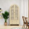 Tall Arched Kitchen Pantry, Arched Storage Display Cabinet With 2 Drawers & Adjustable Shelves, Rattan Door Versatile Storage Cabinet For Kitchen, Dining Room, Living Room - Natural - Image 2