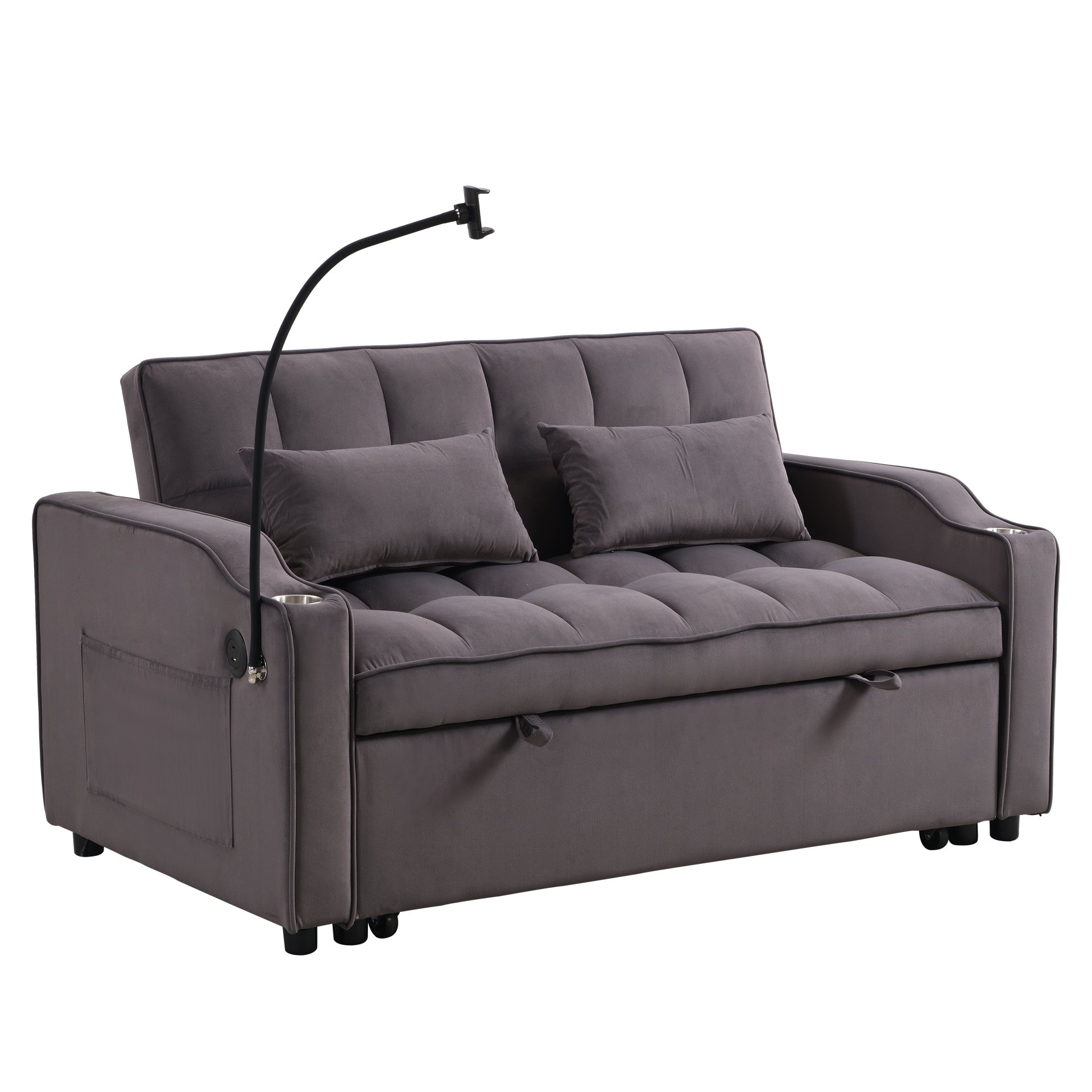 Contemporary Velvet Sofa Bed With Trundle - Charcoal Gray - Image 10