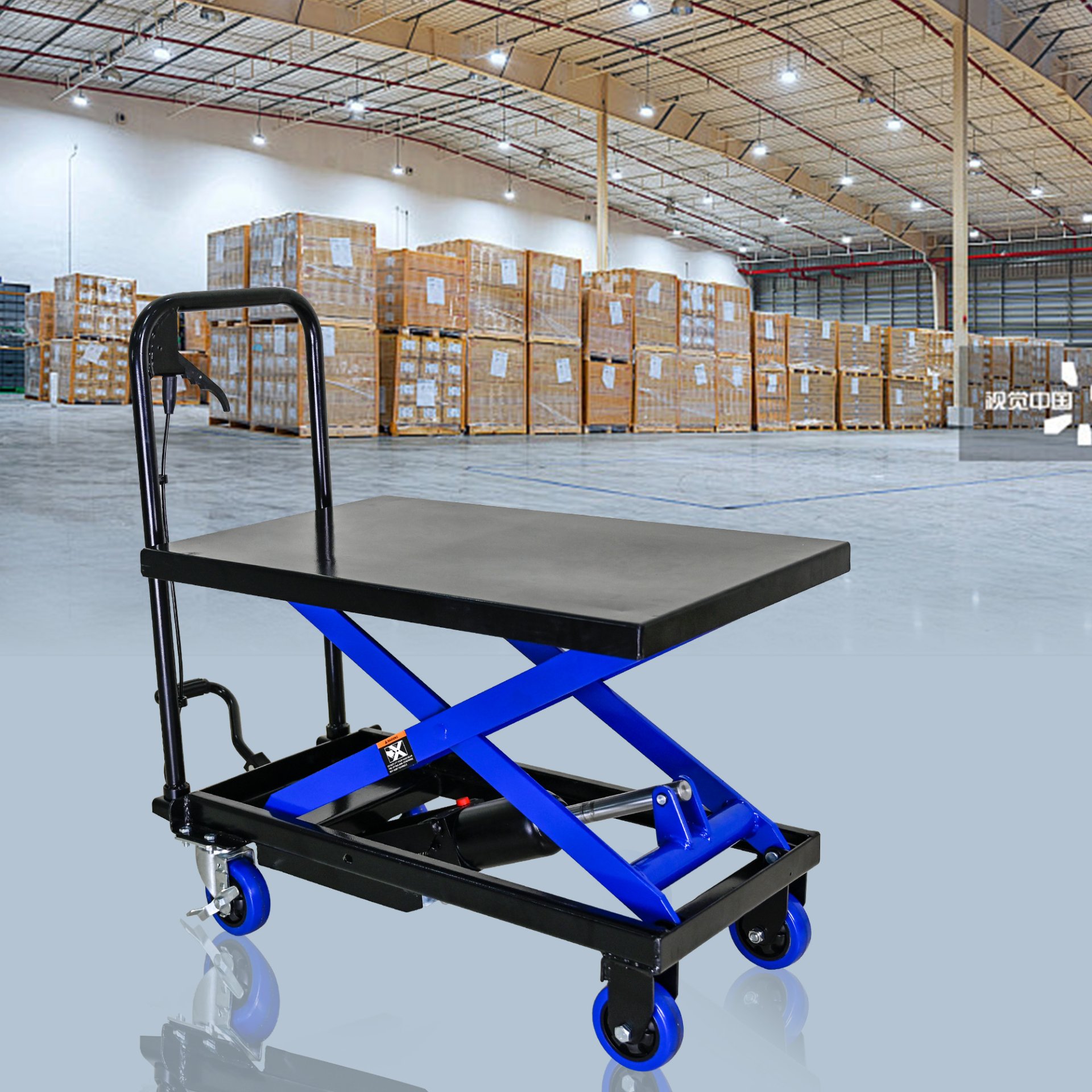 Hydraulic Lift Trolley, 500 Lbs Capacity, With 4 Wheels, For Material Handling And Transportation - Black / Blue - Image 13