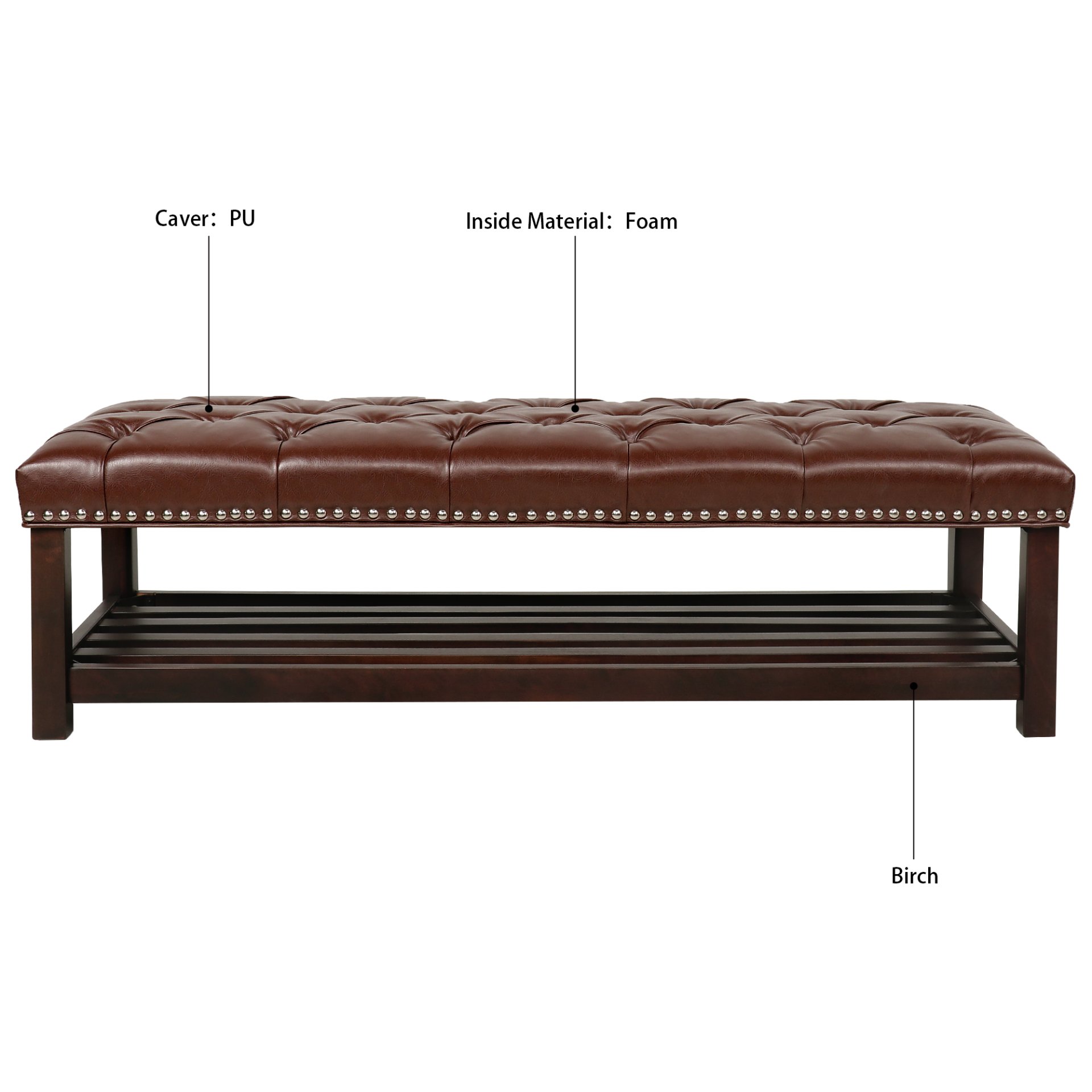 Bedroom End Of Bed Bench Tufted Upholstered End Of Bed Bench End Of Bed Entrance Shoe Bench, 60" With Nailhead Trim And Shelf Bedroom Upholstered Leather Bench Living Room Shoe Rack Footstool - Dark Brown - Image 11
