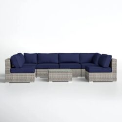 6 Person Patio Set With Premium Cushions And Rattan Wicker Frame - Dark Blue / Gray Mix
