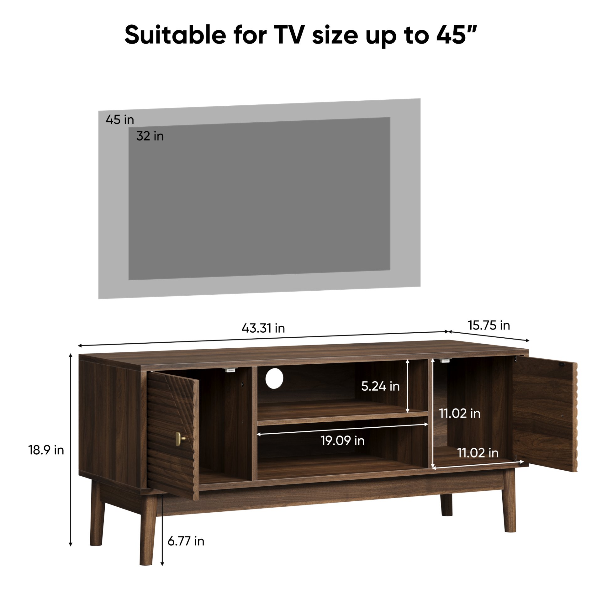 Mid Century Modern TV Stand Entertainment Center With Storage - Walnut - Image 3