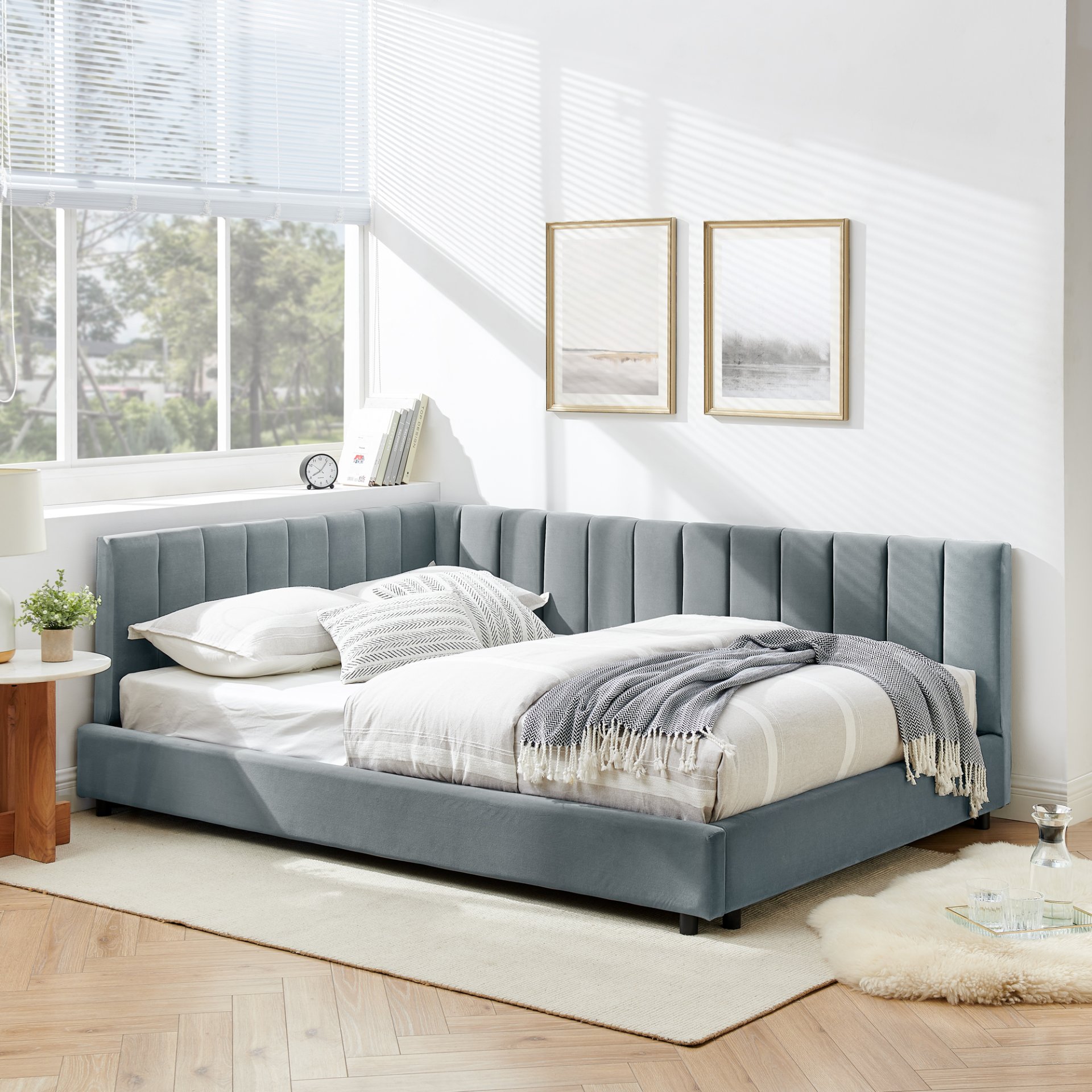 Mid Century Upholstered Tufted Bed Frame With Backrest And Armrests Velvet Full Size - Gray - Image 5