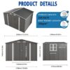Large Metal Outdoor Storage Shed With Lockable Door, Air Vent, And Clear Window For Garden Tools And Bicycles - Gray - Image 3