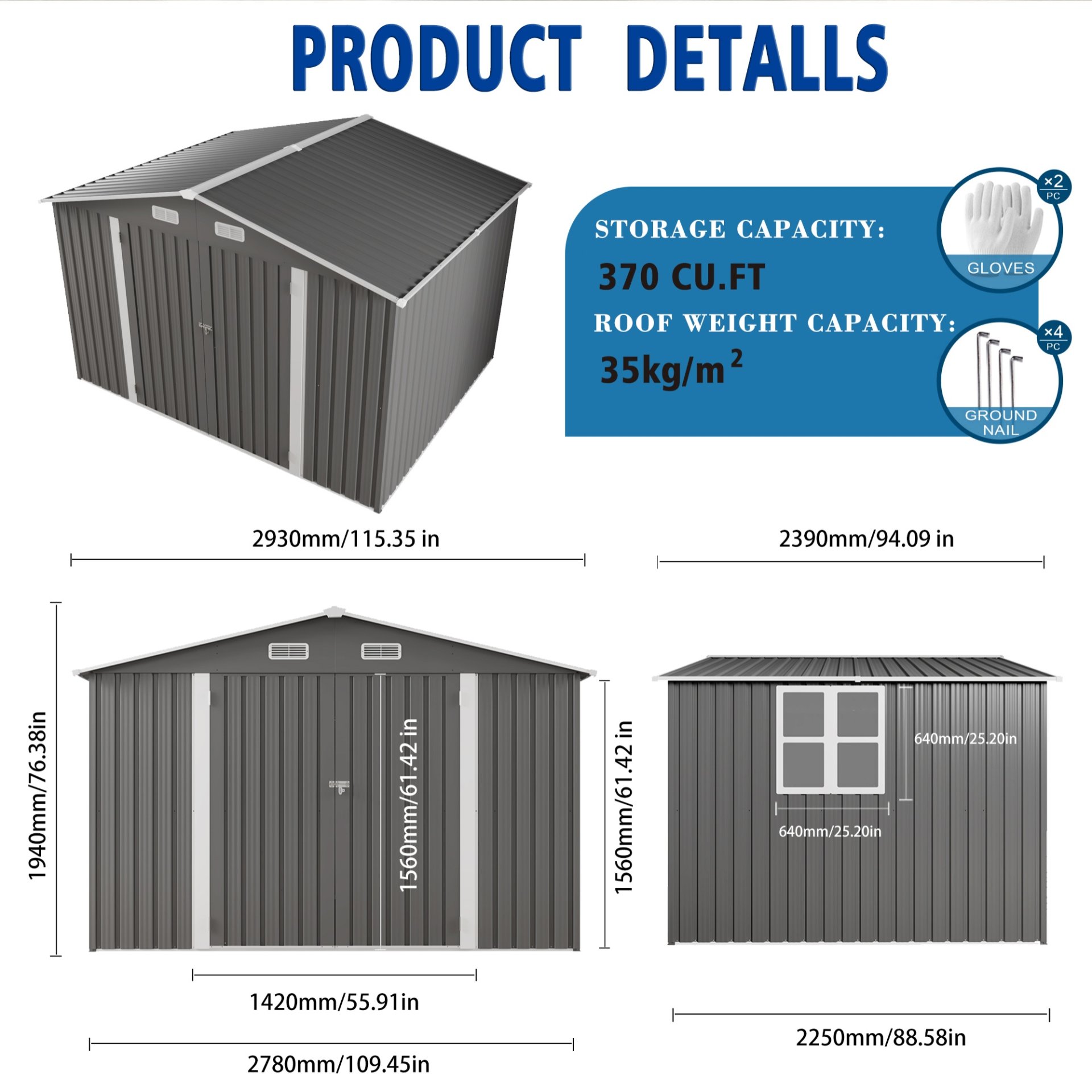 Large Metal Outdoor Storage Shed With Lockable Door, Air Vent, And Clear Window For Garden Tools And Bicycles - Gray - Image 3