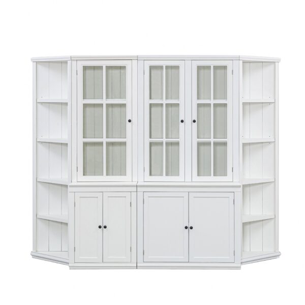 Retro Style Wall Suit With Glass Doors, 75.25" Tall Display Cabinets & Triangle Sided Bookshelves - White