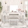 Elegant Mirrored Vanity Desk Set With Drawers And Flip Up Mirror, Silver Finish, Glass And Wood - White - Image 2