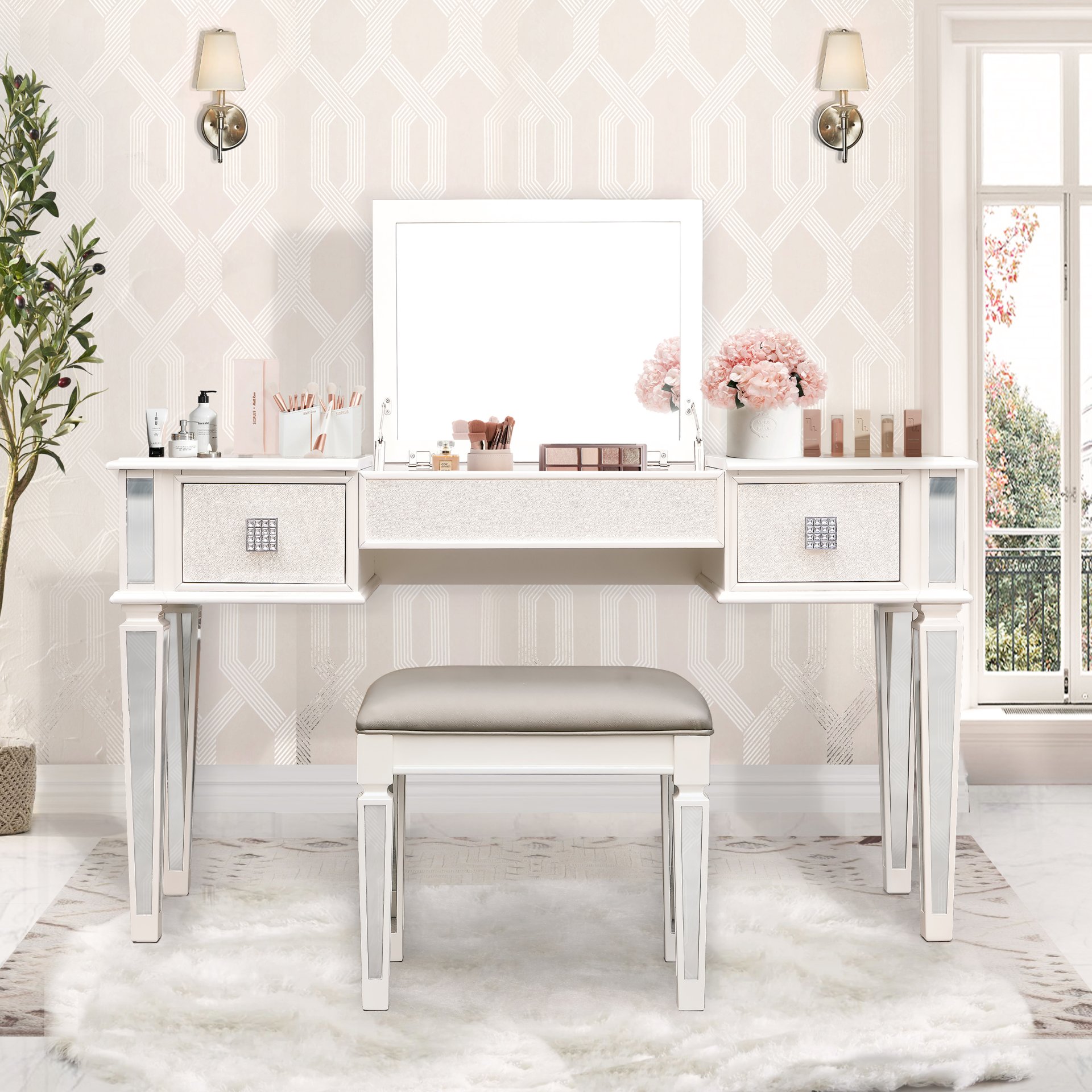 Elegant Mirrored Vanity Desk Set With Drawers And Flip Up Mirror, Silver Finish, Glass And Wood - White - Image 2