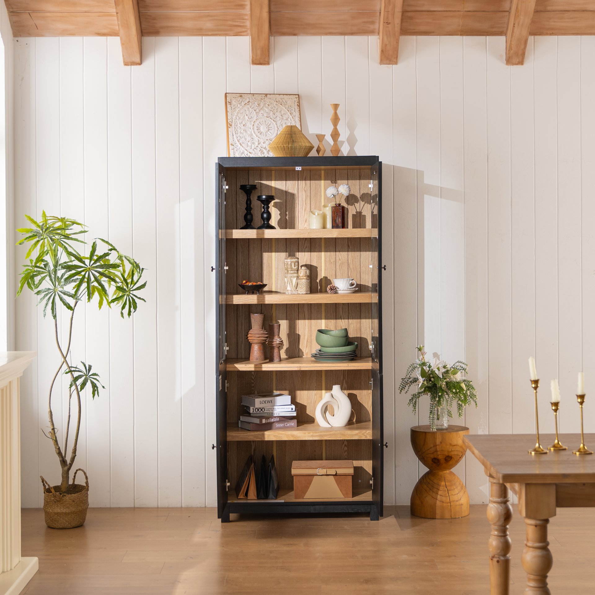 Mid Century Modern Style Tall Display Cabinet With Glass Doors For Collectibles - Black - Image 7