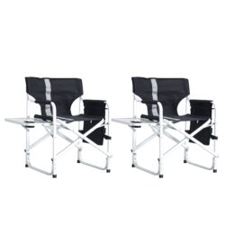 Padded Folding Outdoor Chair With Side Table And Storage Pockets, Lightweight Oversized Directors Chair For Indoor, Outdoor Camping, Picnics And Fishing (Set of 2) - Black / Gray