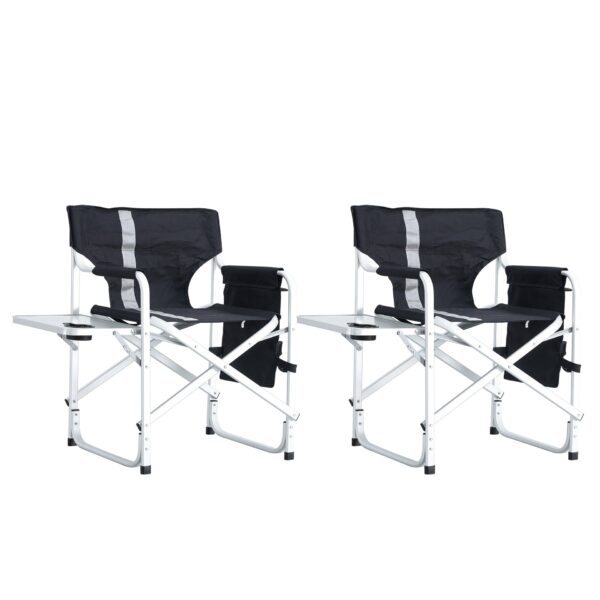 Padded Folding Outdoor Chair With Side Table And Storage Pockets, Lightweight Oversized Directors Chair For Indoor, Outdoor Camping, Picnics And Fishing (Set of 2) - Black / Gray