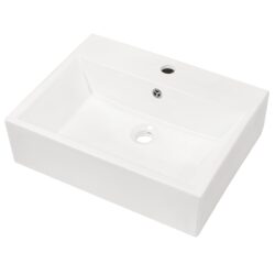Rectangular Wall Mounted Bathroom Sink With Faucet Hole & Overflow - White