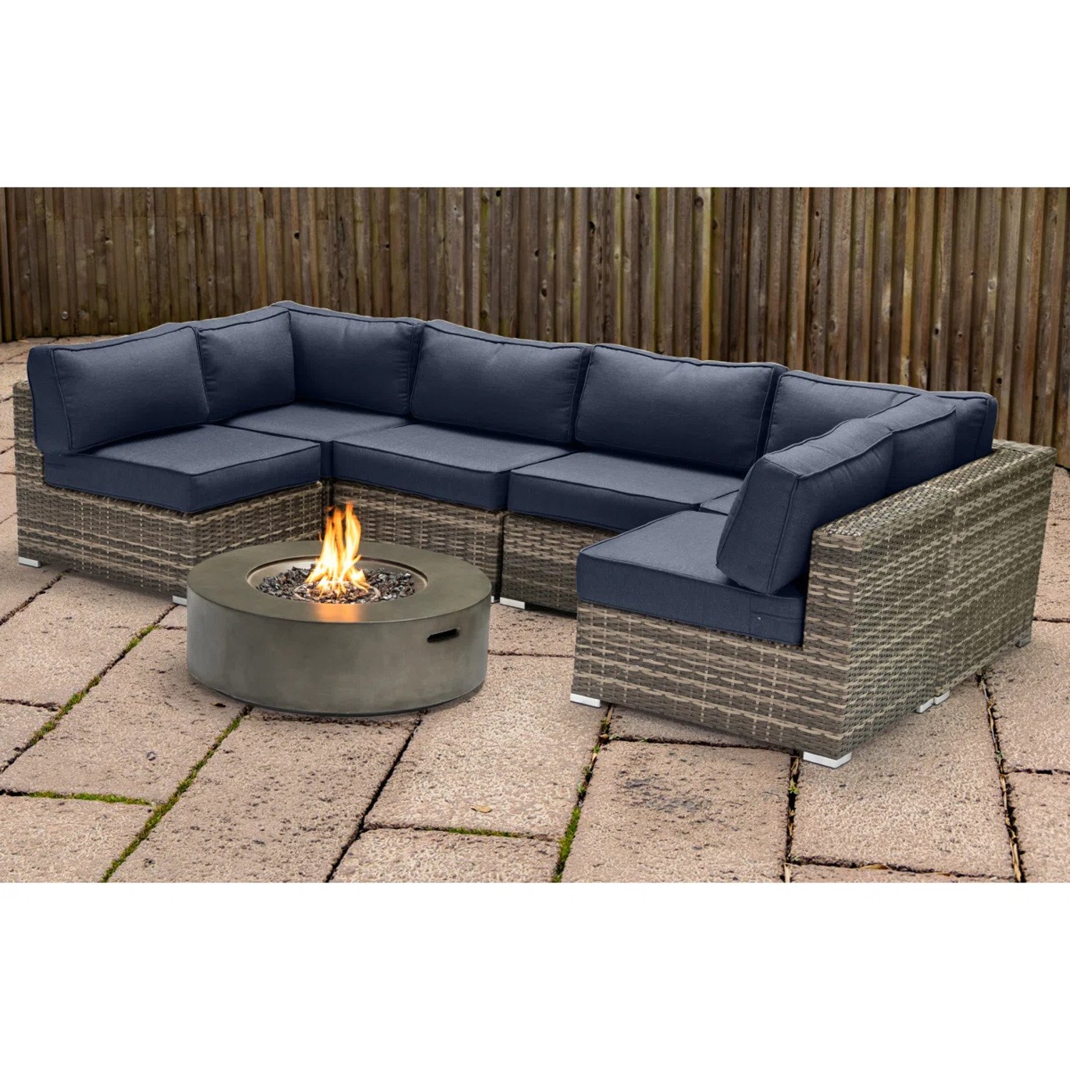 Outdoor 7 Piece Sectional Seating Group With Cushions And Fire Pit - Gray / Navy - Image 8