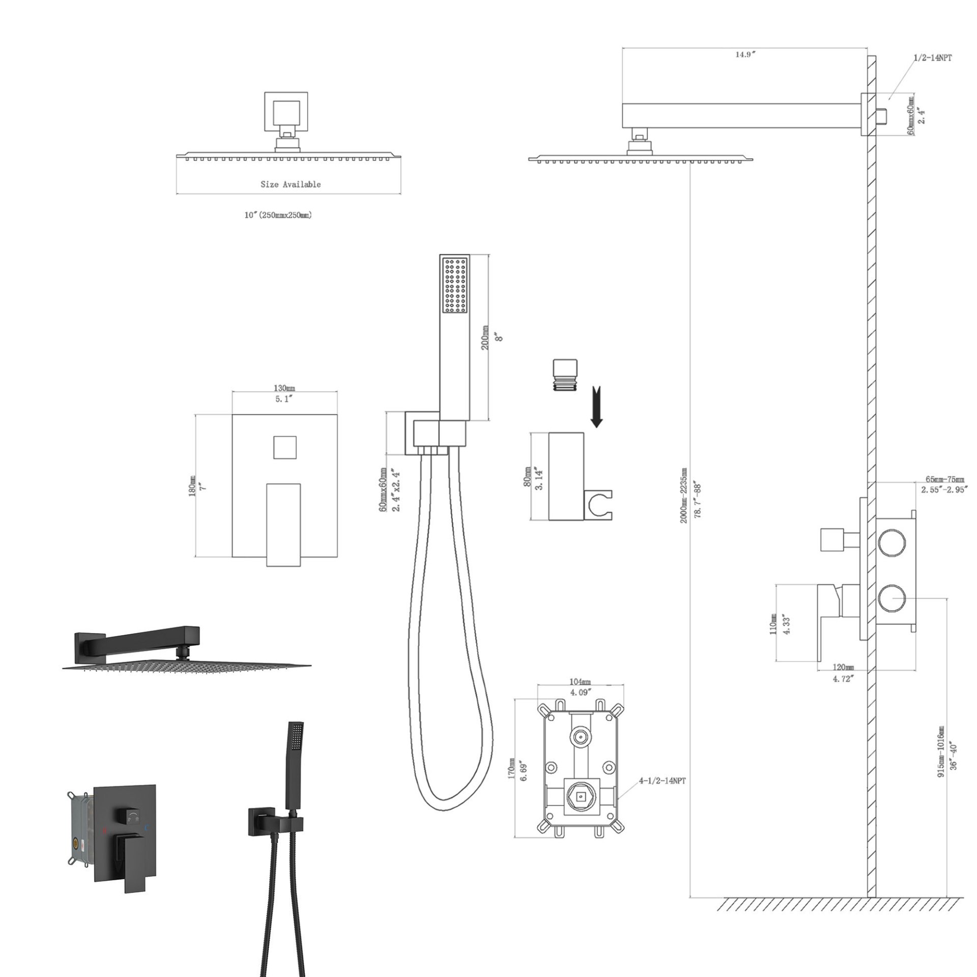 10" Square Dual Shower Head System Wall Mounted With Rough In Valve Modern Bathroom Fixture - Matte Black - Image 3