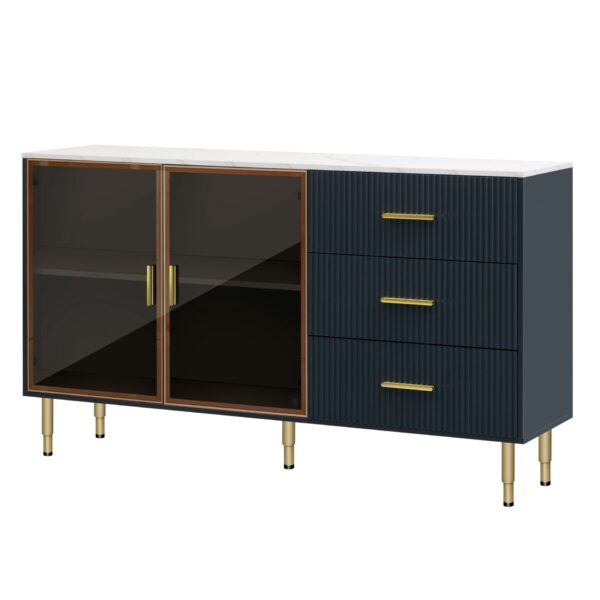Modern Sideboard Buffet Cabinet Marble Sticker Tabletop And Amber-Yellow Tempered Glass Doors With Gold Metal Legs & Handles - Navy Blue