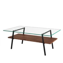 Rectangle Coffee Table, Tempered Glass Tabletop With Metal Legs, Modern Table For Living Room, Transparent Glass - Dark Brown
