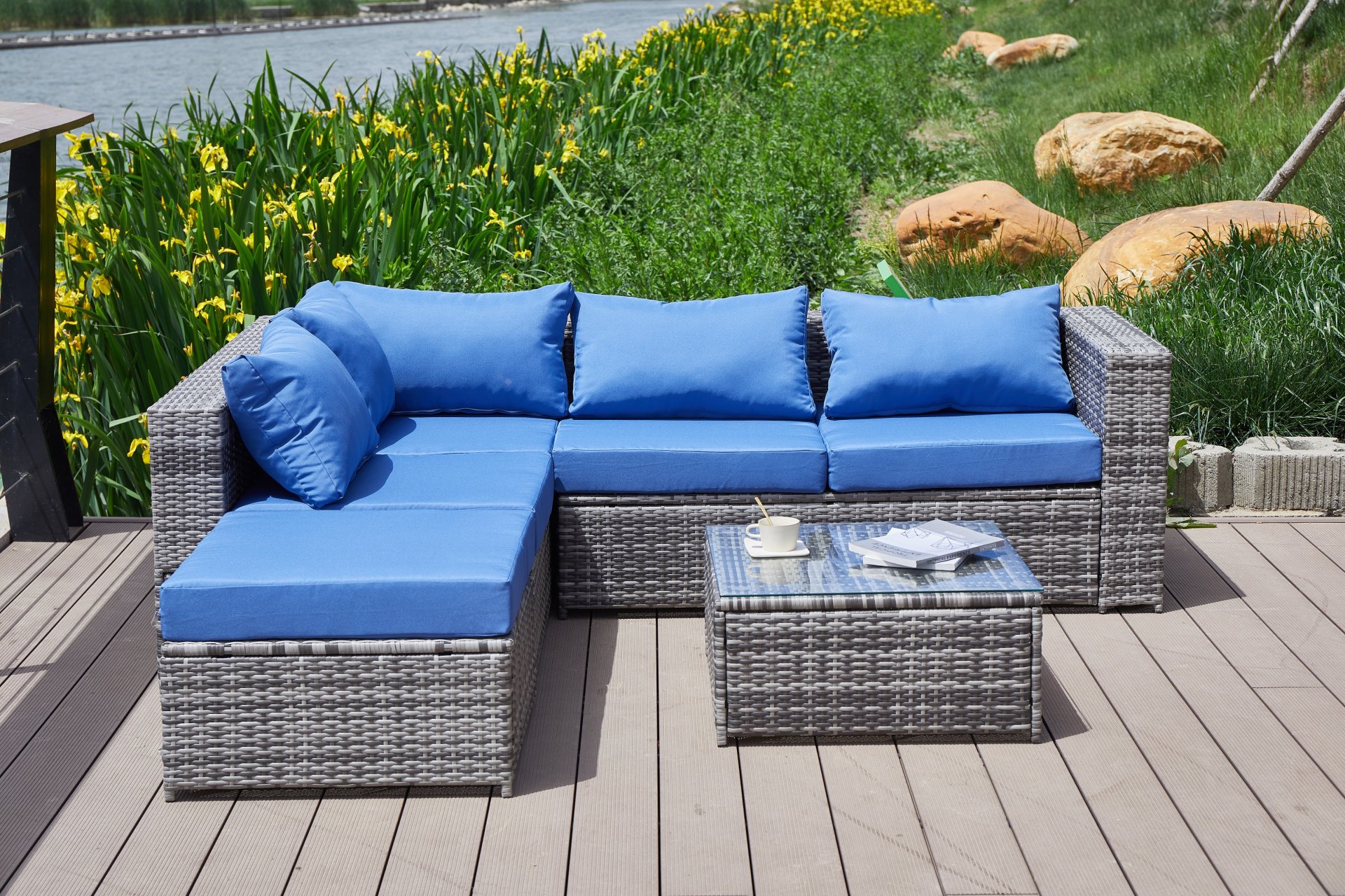 Luxurious Comfort Patio Sofa With Cushions - Blue / Gray - Image 8