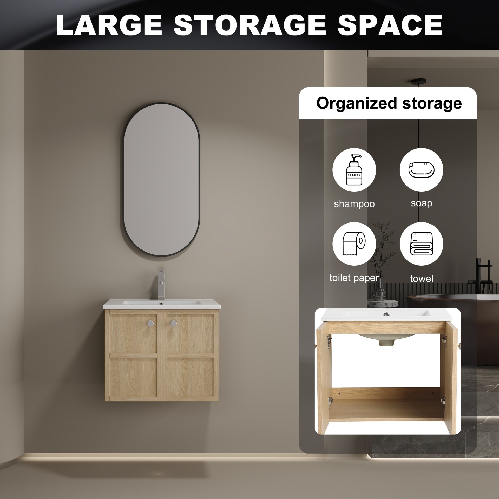 24" Wall Mounted Bathroom Vanity With Ceramic Sink And 2 Soft Closing Doors - Oak - Image 5