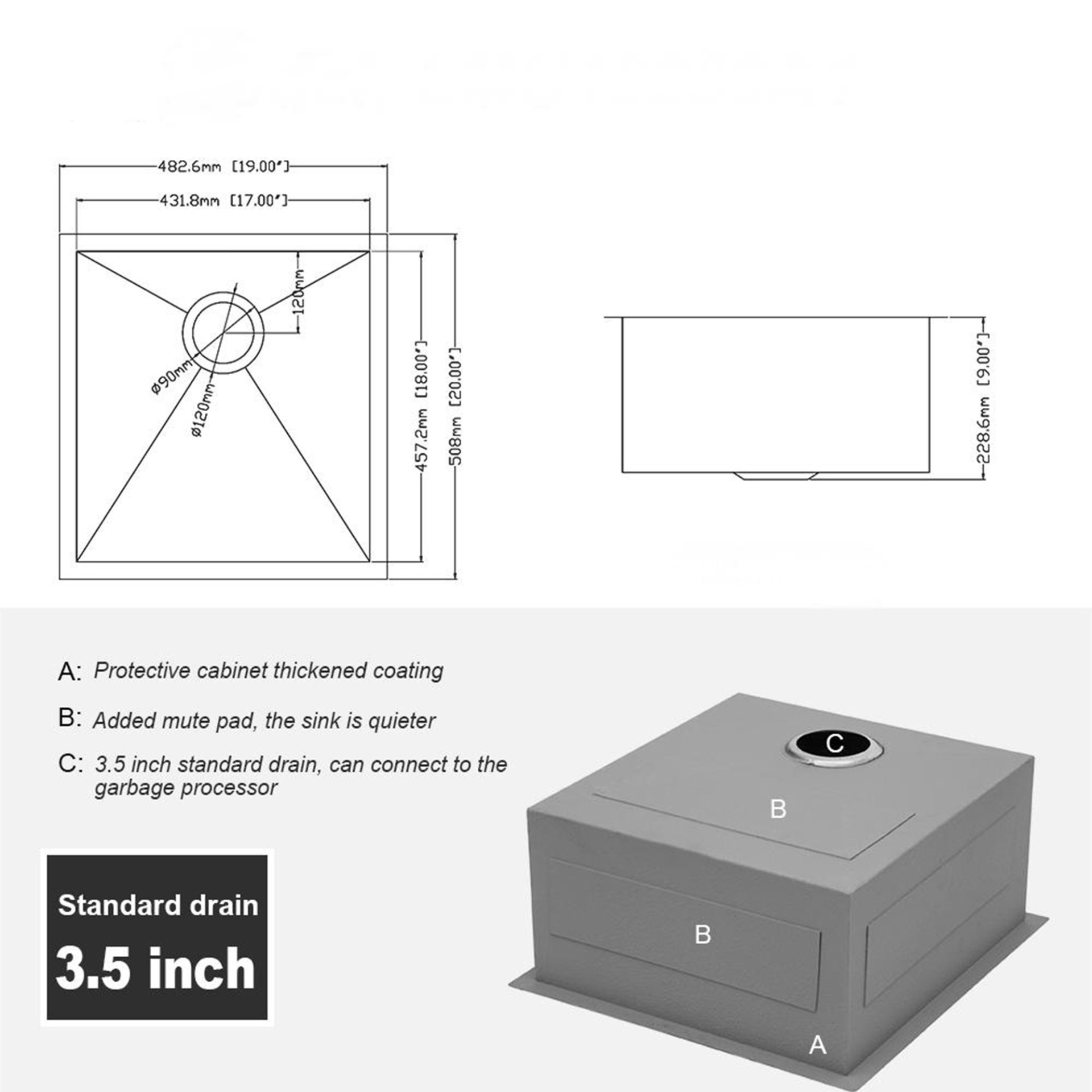 19" Undermount Kitchen Sink 16Gauge 9" Deep Single Bowl Basin - Brushed Nickel - Image 3