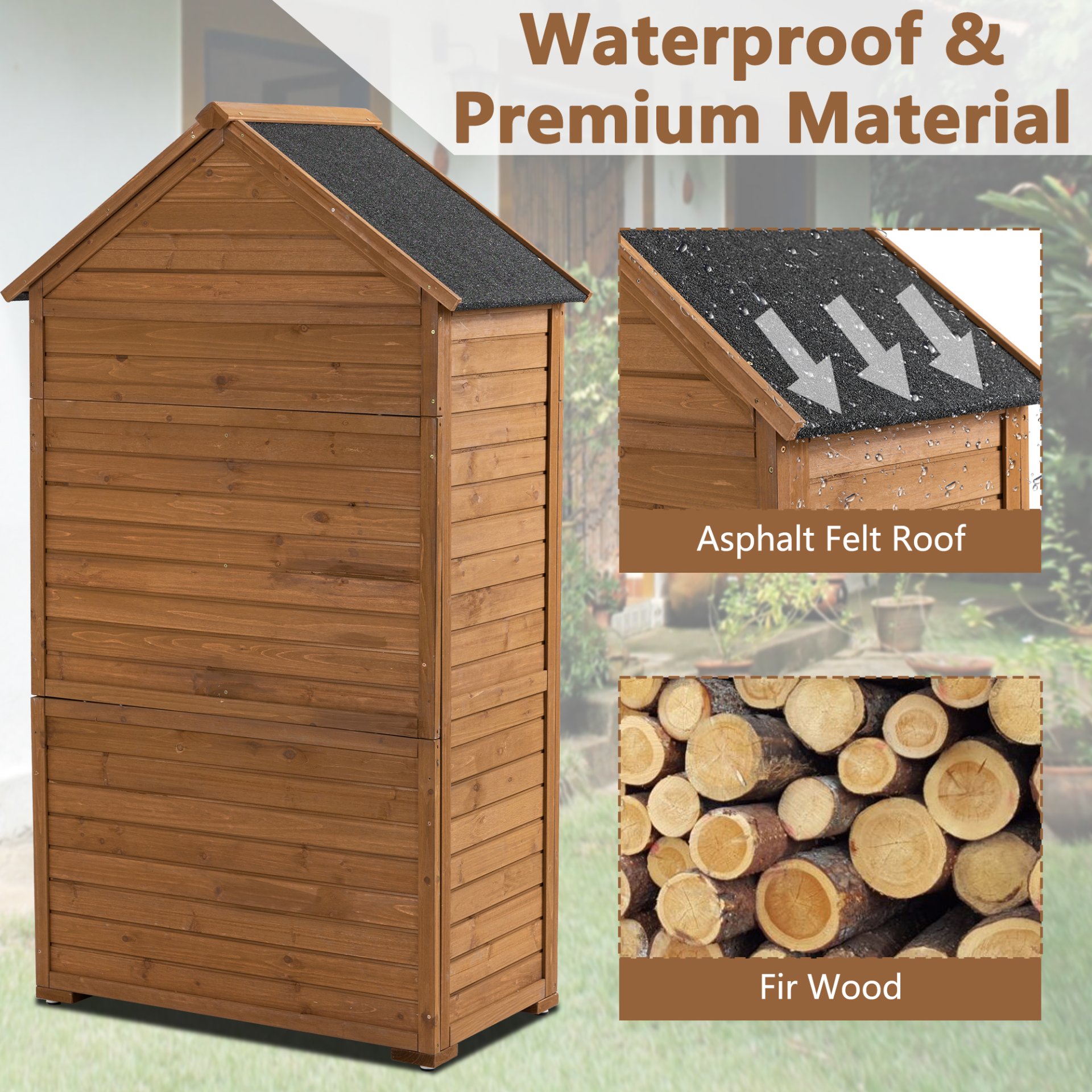 Outdoor Storage Cabinet, Garden Wood Tool Shed, Outside Wooden Shed Closet With Shelves And Latch For Yard - Light Brown - Image 4