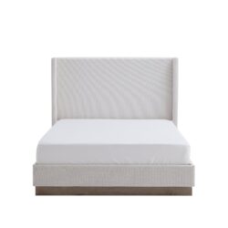 Hosford - King Size Upholstered Wingback Bed With Base Platform - Cream White / Light Gray / Camel Oak