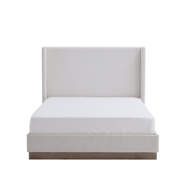 Hosford - King Size Upholstered Wingback Bed With Base Platform - Cream White / Light Gray / Camel Oak
