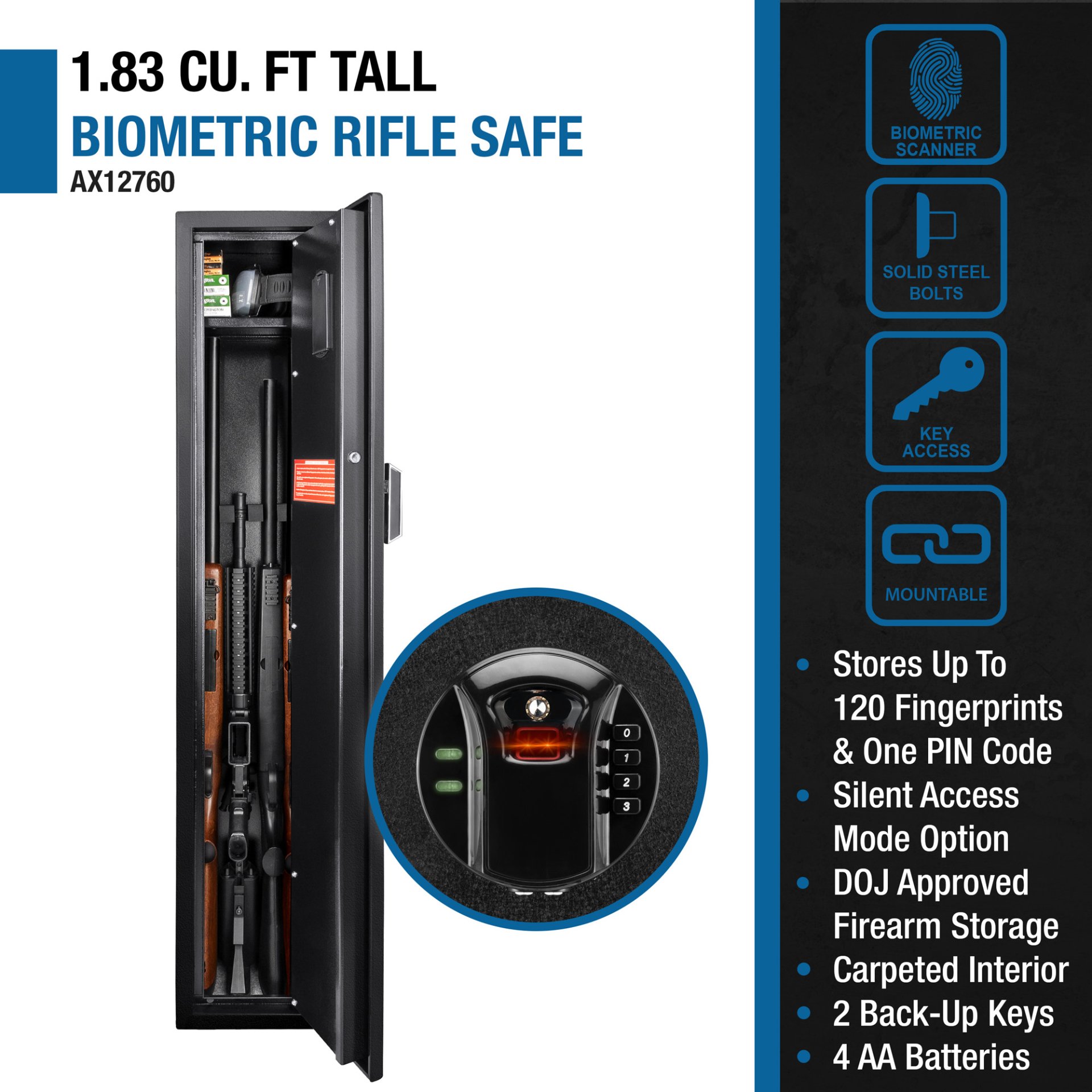 1.83 Cu Ft Biometric Keypad Rifle Safe - Black - Image 7