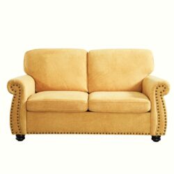 Soft Loveseat, Upholstered 2 Seater Couch, Loose Back Cushions And Turned Legs - Mustard Yellow
