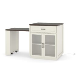 Extendable Kitchen Island With Slide Out Table And Storage Racks For 2 - 6 Person, Power Outlet, Bar, Prep Station - Creamy White / Walnut