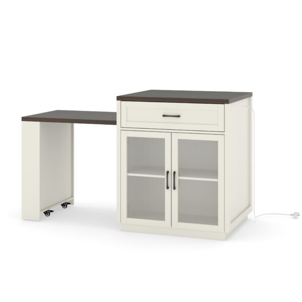 Extendable Kitchen Island With Slide Out Table And Storage Racks For 2 - 6 Person, Power Outlet, Bar, Prep Station - Creamy White / Walnut