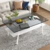Rectangle Coffee Table, Tempered Glass Tabletop With White Metal Legs, Modern Table For Living Room - Gray - Image 4