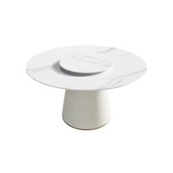 Modern Artificial Stone Round Plywood Base Dining Table, Can Accommodate 6 People, Artificial Stone Turntable (Not Including Chairs) - White / Beige