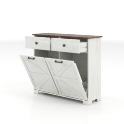 Barn Door Double Tilt Out Trash Cabinet For 20 Gallon Cans With Free Standing Recycling And Laundry Storage - Brown / Antique White